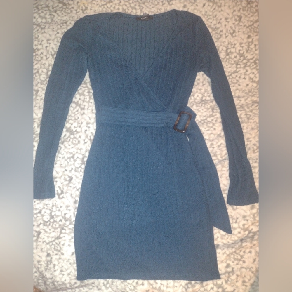 Dark Teal Sweater Wrap Mini Dress
